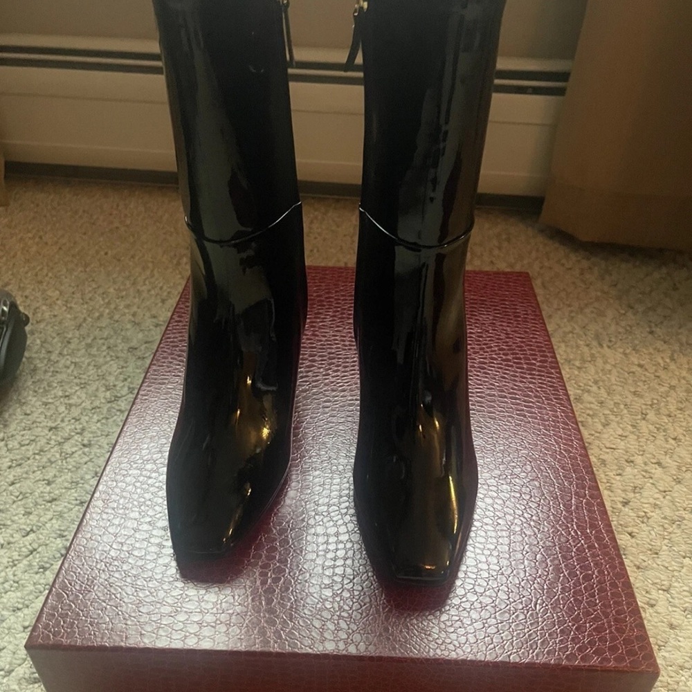 Tamara Mellon Legacy Mid Calf 75 Glossy Black Patent Boots size 37 7 NEW!